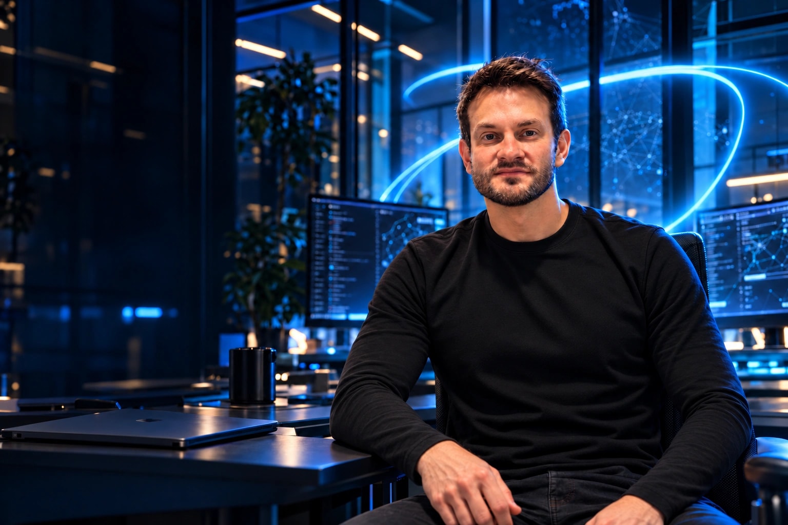 Pedro Rodrigues de blusa preta de manga comprida, com o braço apoiado na mesa em um estúdio com iluminação azul