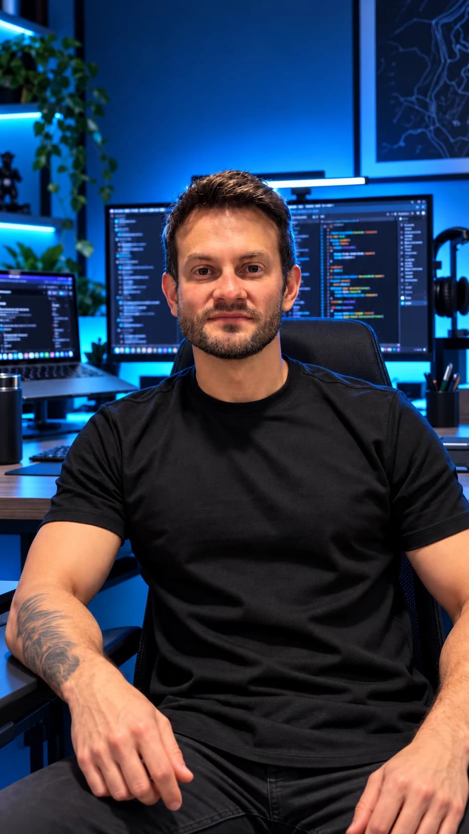 Pedro Rodrigues em seu escritório, com monitores de programação e iluminação azul ao fundo